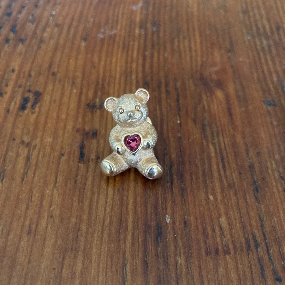 1980’s Avon Tac Pin Teddy Bear October Pink Birthstone, Goldtone Brooch